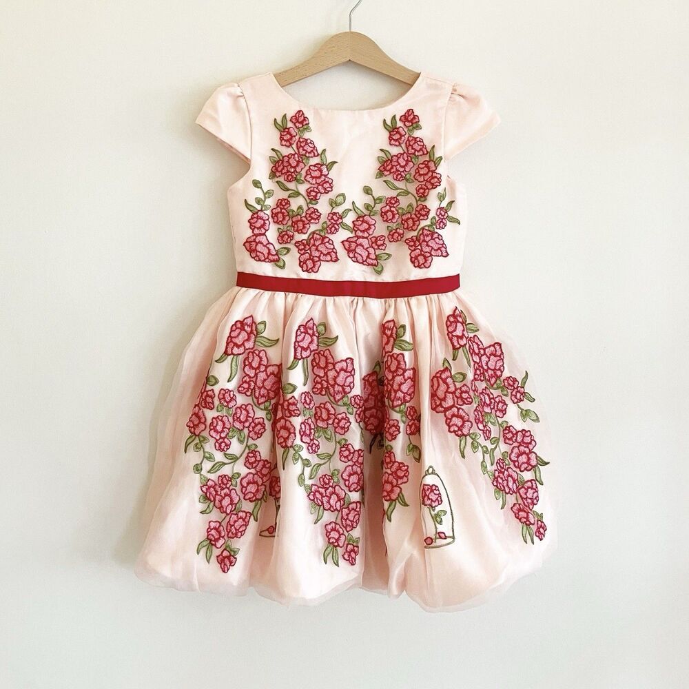 Disney Princess Belle Dress Girls Size 5/6 Pink Enchanted Rose Embroidered